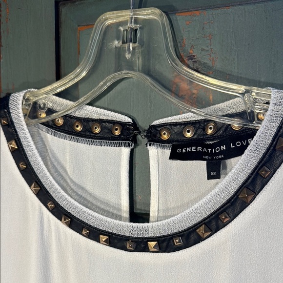 NWOT Generation Love White Top with Black Faux Leather and Gold Stud Accents - Picture 5 of 10